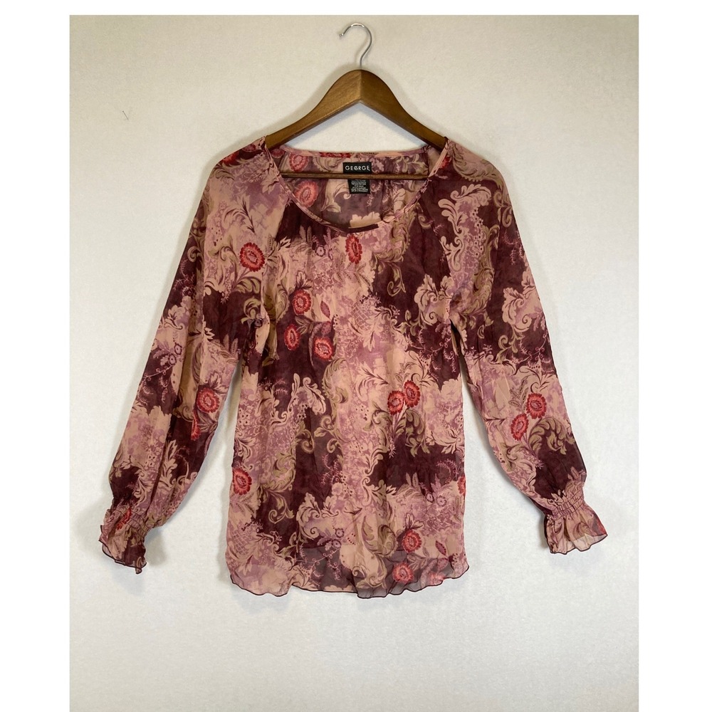 Whimsigoth George Women Medium Rusty Brown Floral Paisley Sheer Chiffon Blouse‎